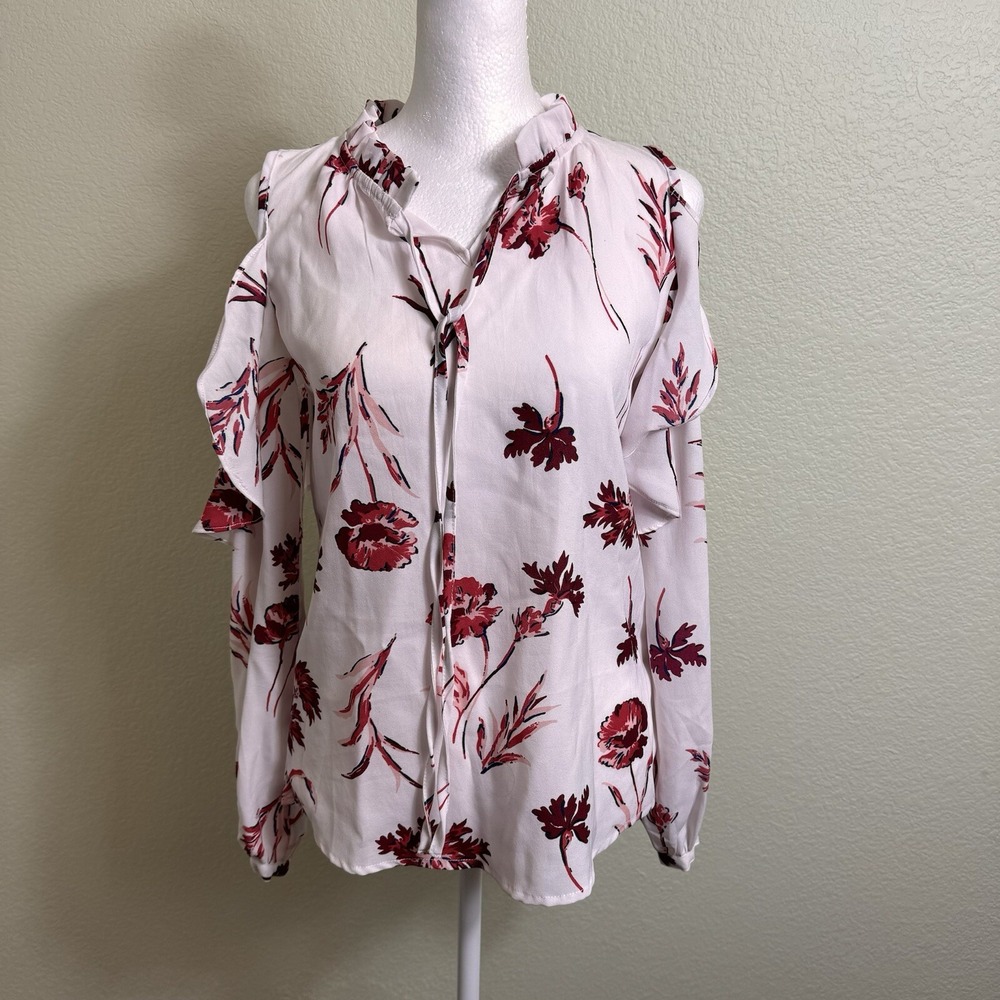 Japna Women's Blouse Cold Shoulder White with Pink/Red Flowers Size XS